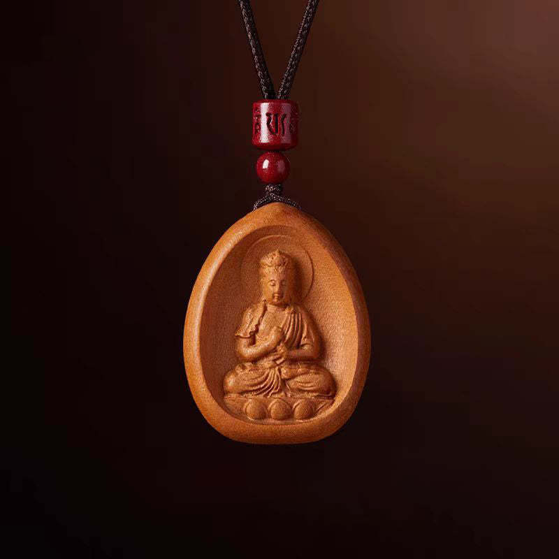 Peach Wood Cinnabar Om Mani Padme Hum Chinese Zodiac Black String Necklace Pendants