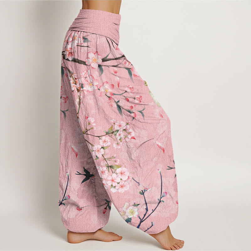 Peach Blossoms Flying Geese Pattern Women's Elastic Waist Harem Pants