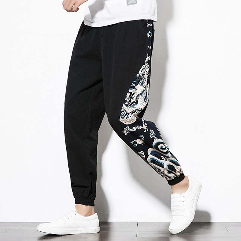 Summer Dragon Waves Cotton Men's Pants With Pockets