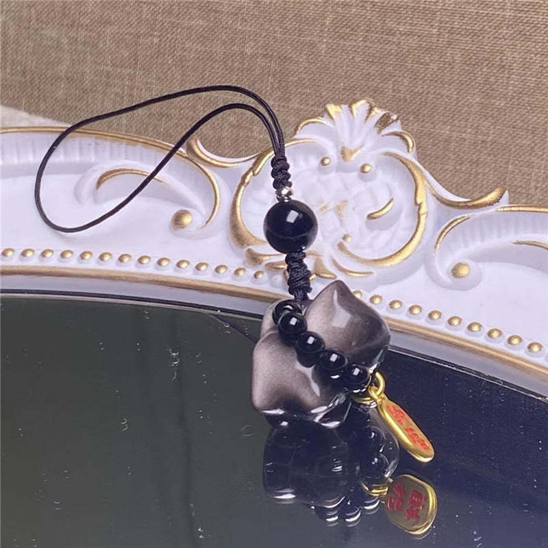 Silver Sheen Obsidian Black Obsidian Gold Sheen Obsidian Cute Cat Fu Character Protection Key Chain Phone Hanging Decoration