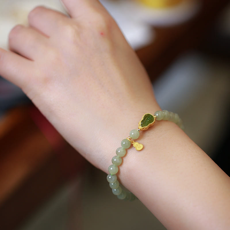 925 Sterling Silver Plated Gold Natural Hetian Jade Bead Gourd Lotus Bamboo Fu Character Luck Bracelet