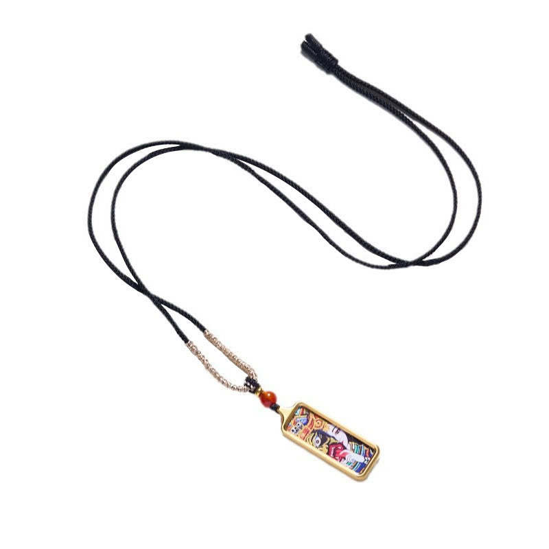 Tibet Zakiram Yellow God of Wealth Nine-Tailed Fox Hand-Painted Thangka Calm Necklace Pendant