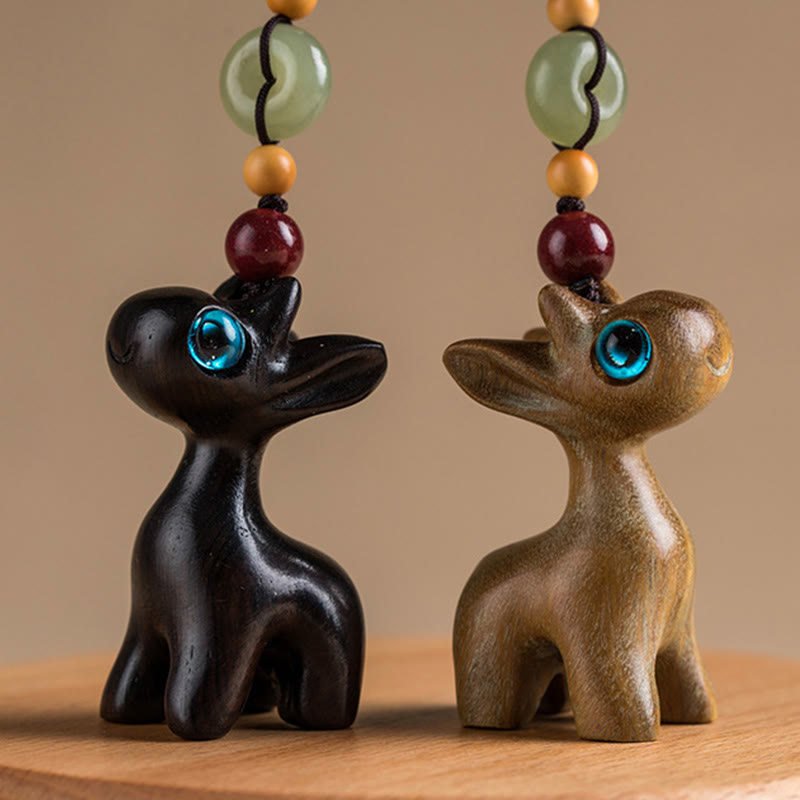 Green Sandalwood Ebony Wood Mini Deer Positive Peace Buckle Key Chain Phone Hanging Decoration