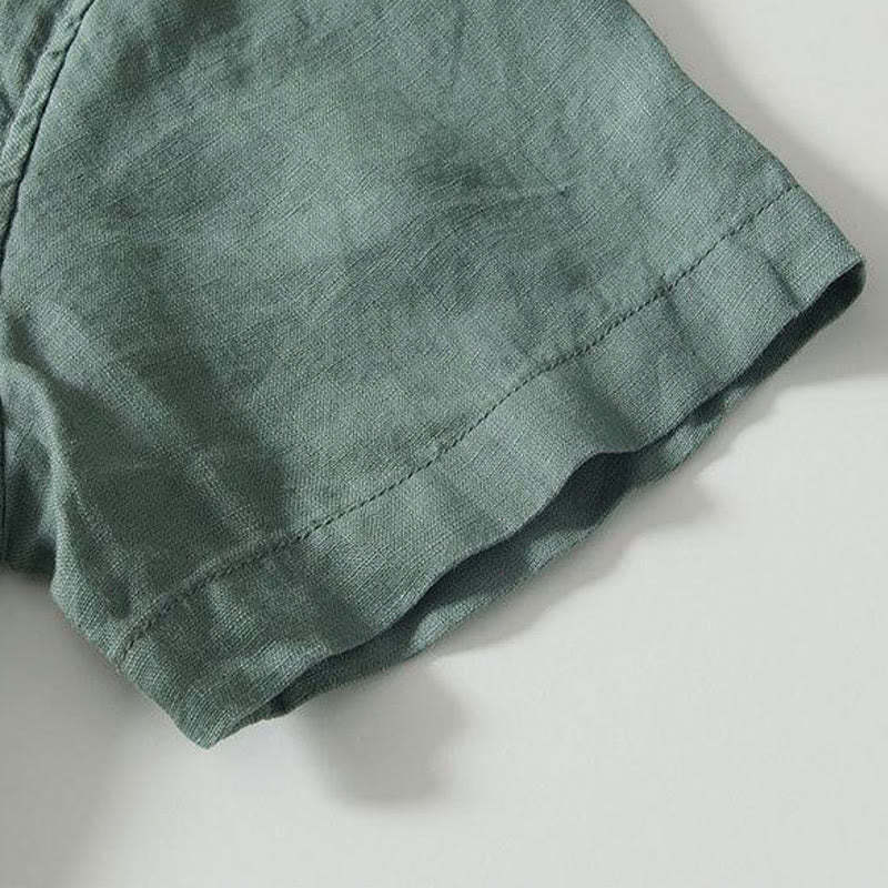 Daily Frog-Button Stand Collar Short Sleeve Linen Men's Shirt