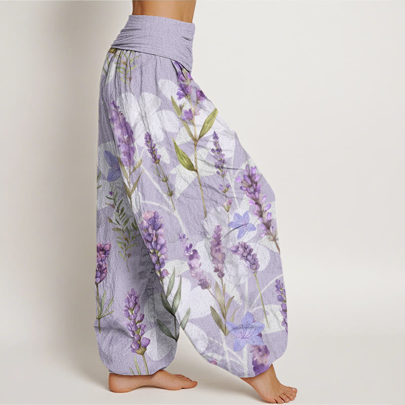 Casual Lavender Flowers Lilies Women's Elastic Waist Harem Pants