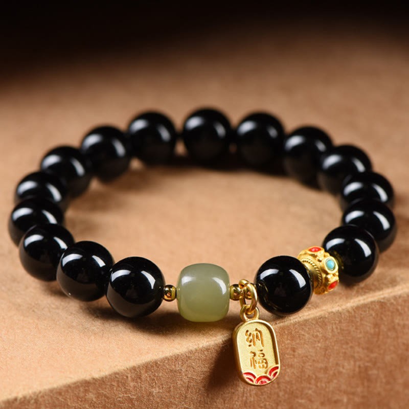 Black Onyx Hetian Jade Bead Lucky Fortune Charm Bracelet