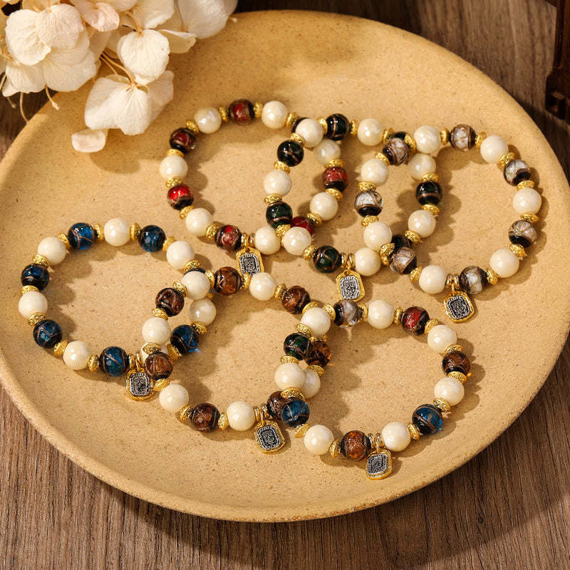 Tibetan Zakiram Goddess of Wealth Charm Liuli Glass Incense Ash Porcelain Bead Protection Bracelet