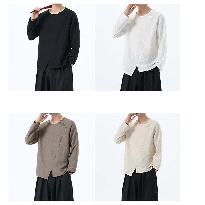 Men's Long Sleeve Round Collar Comfort Cotton Linen Shirt