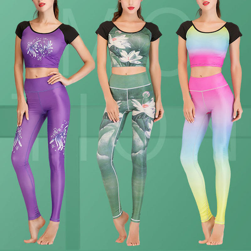 Lotus Cherry Blossom Gradient Peacock Print Lycra Fabric Fitness Leggings Women's Yoga Pants