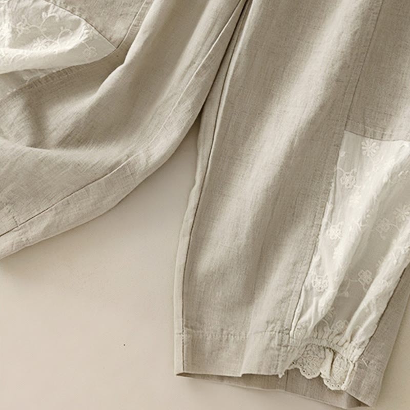Casual Embroidery Patchwork Fabric 7-8 Length Cropped Pants Women's Cotton Harem Pants With Pockets