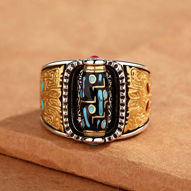 Tibetan Nine-Eye Dzi Bead Wealth Blessings Rotatable Ring