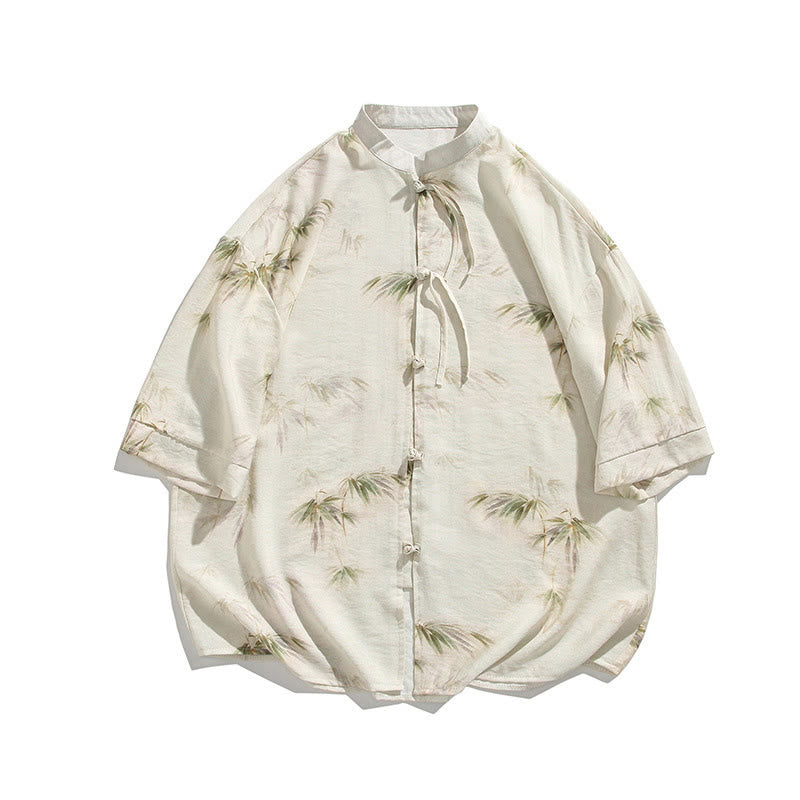 Green Yellow Bamboo Leaves Print Half Sleeve Shirt Men's T-shirt