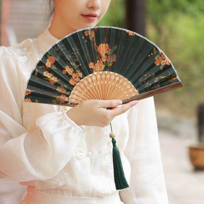 Flower Persimmon Bamboo Leaves Xiangyunsha Silk Handheld Bamboo Folding Fan