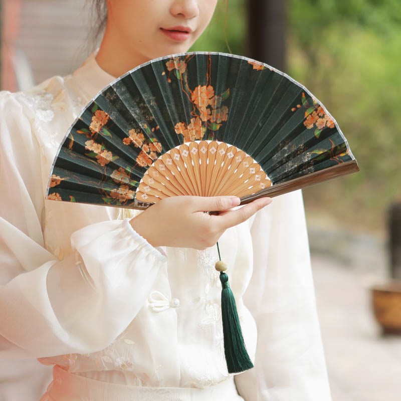 Flower Persimmon Bamboo Leaves Xiangyunsha Silk Handheld Bamboo Folding Fan