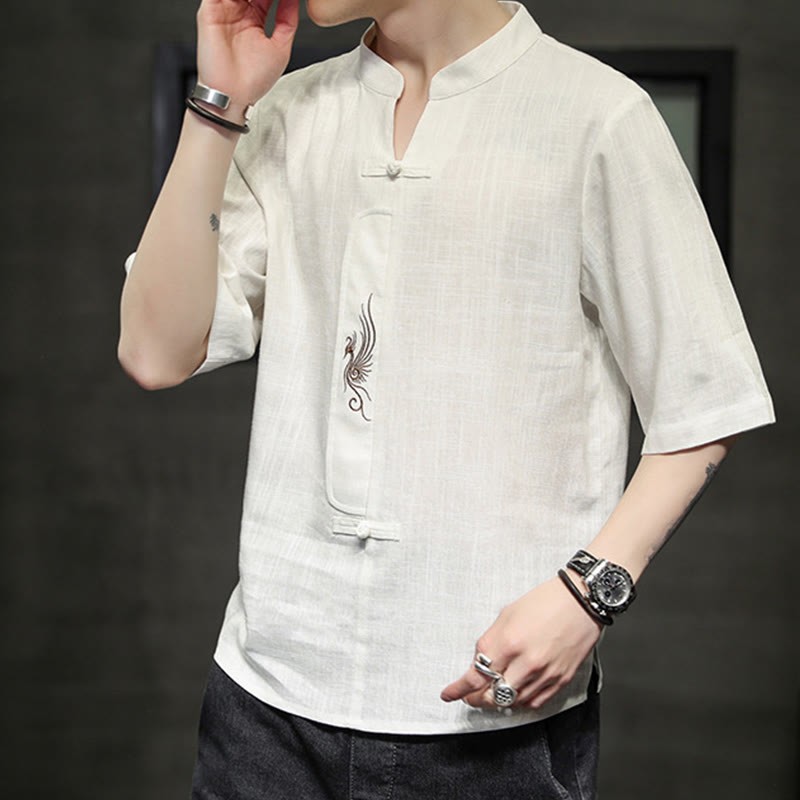 Frog-Button Phoenix Embroidery Chinese Tang Suit Short Sleeve Shirt Cotton Linen Men Clothing