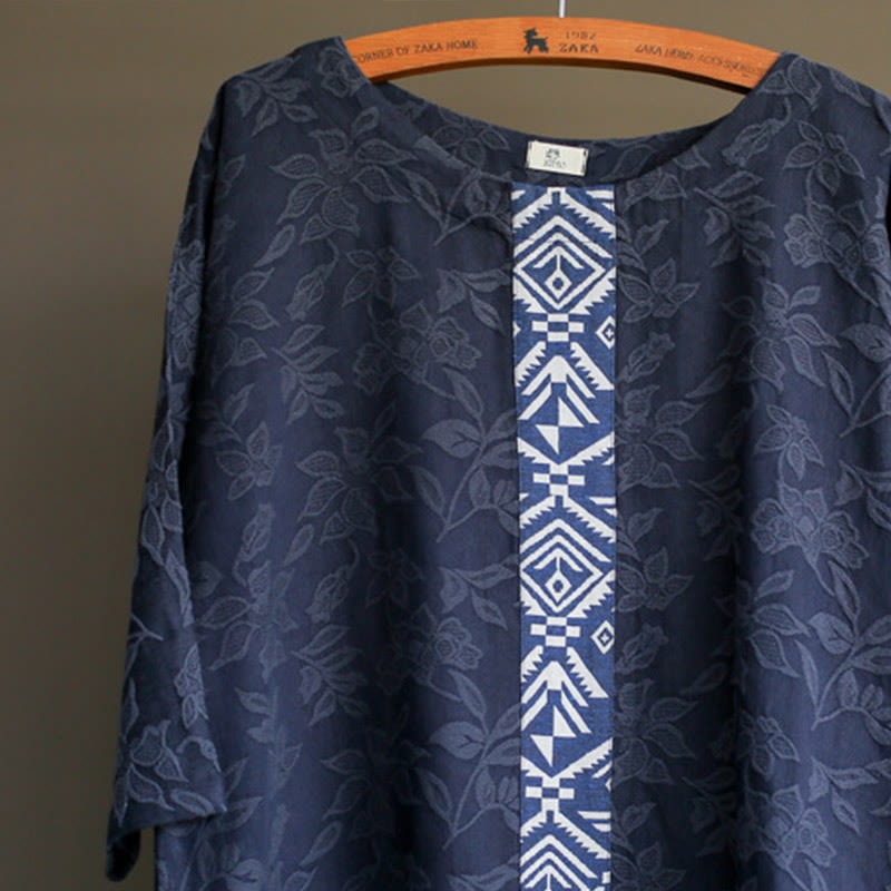 Blue Flowers Embroidery Jacquard Midi Dress Three Quarter Sleeve Cotton Dress With Pockets