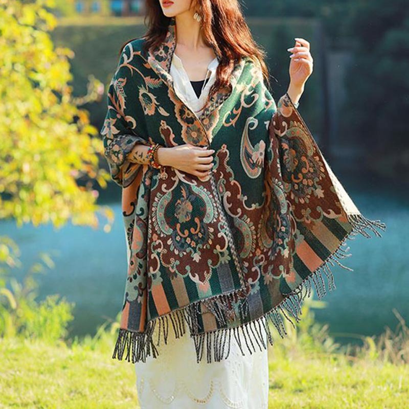 Tibetan Flowers Leaves Branch Design Tassel Shawl Cozy Travel Scarf Wrap