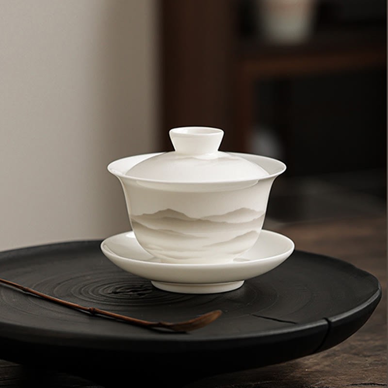 Vintage Ink Painting Mountain White Porcelain Ceramic Gaiwan Sancai Teacup Kung Fu Tea Cup And Saucer With Lid Tea Utensil Teapot