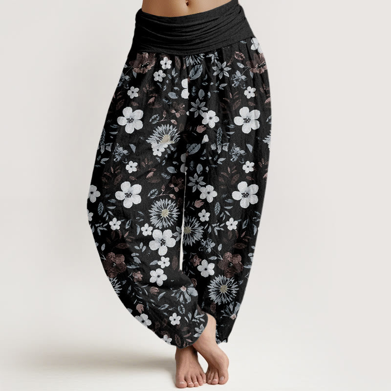 Casual Red White Flower Dandelion Design Women's Elastic Waist Harem Pants