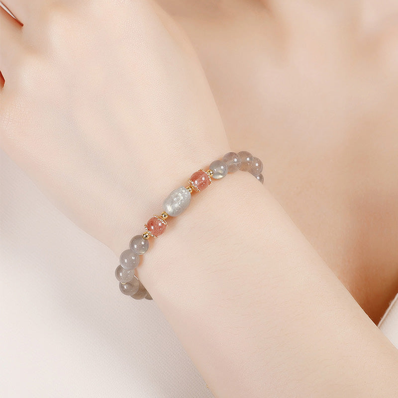 Aquamarine Strawberry Quartz Amethyst Moonstone PiXiu Healing Bracelet