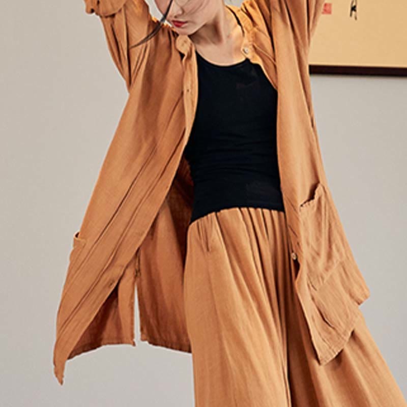 Plain Long Sleeve Coat Jacket Top Wide Leg Pants Zen Tai Chi Yoga Meditation Clothing