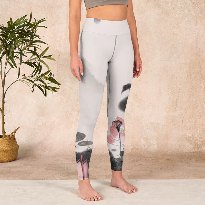 Ink Painting Lotus Flower Leaf Print Gym Fitness Leggings Women's Yoga Pants