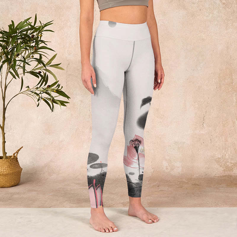 Ink Painting Lotus Flower Leaf Print Gym Fitness Leggings Women's Yoga Pants