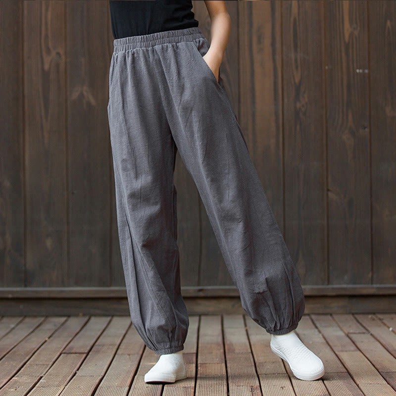 Casual Solid Plain Color Carrot Elastic Waistband Cotton Ramie Women's Pants With Pockets