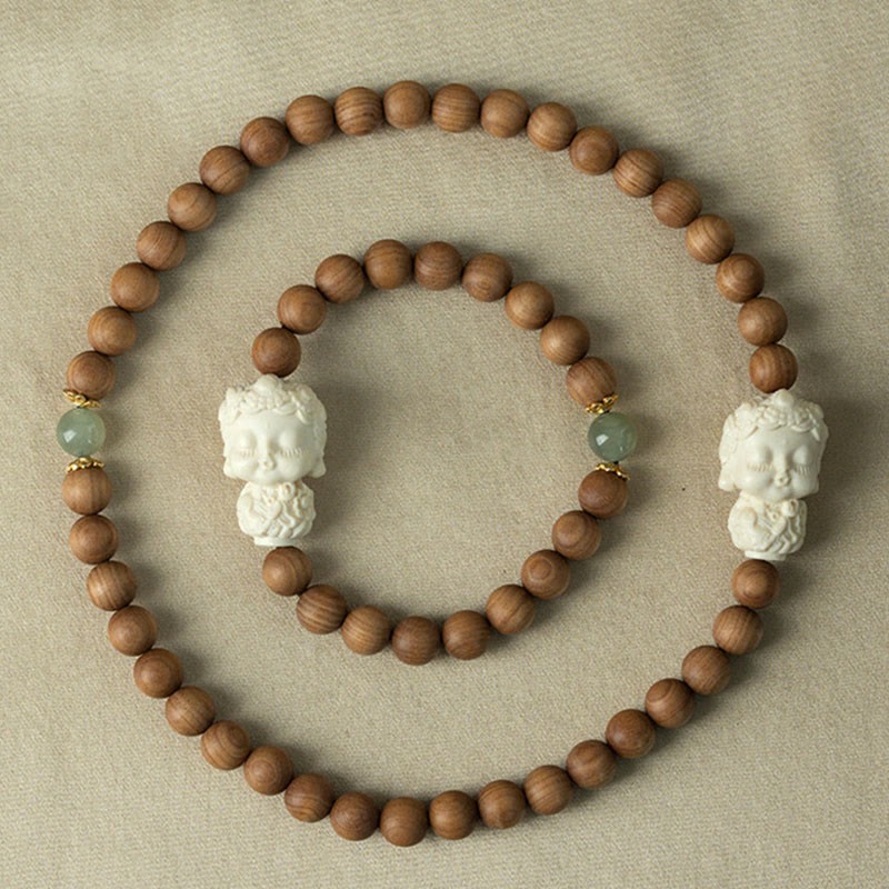 Sandalwood Hetian Jade Ivory Fruit Green Tara Protection Bracelet