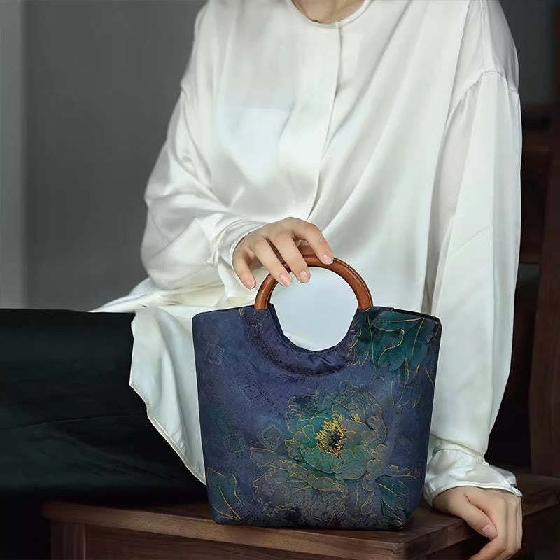 Peony Flower Bamboo Leaves Bird Solid Wood Handle Handbag