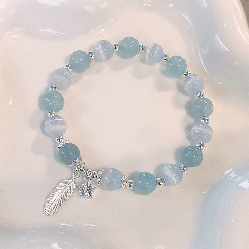 925 Sterling Silver Aquamarine Cat's Eye Healing Feather Star Charm Bracelet