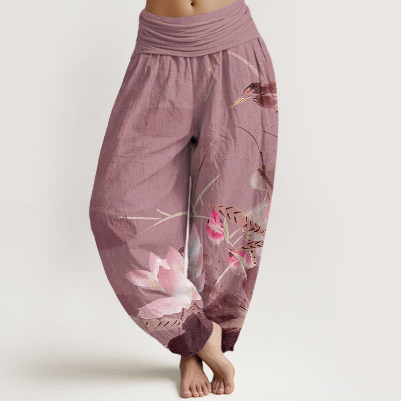 Pink Lotus Leaves Bird Pattern Women's Elastic Waist Harem Pants