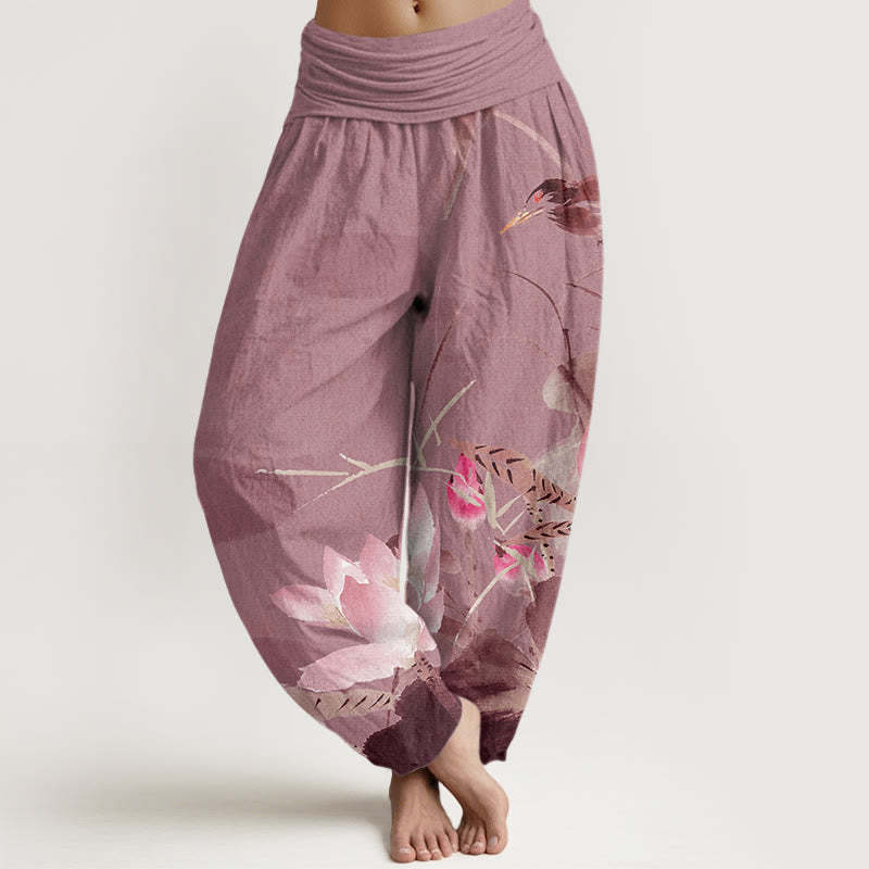 Pink Lotus Leaves Bird Pattern Women's Elastic Waist Harem Pants