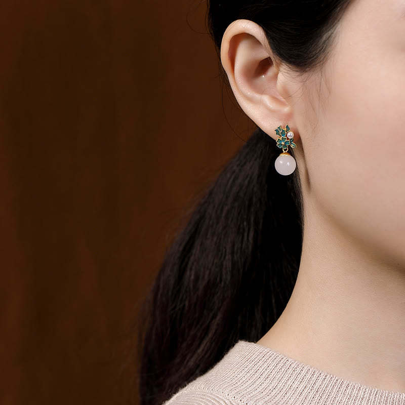 White Jade 925 Sterling Silver Pearl Flower Blessing Necklace Pendant Ring Earrings
