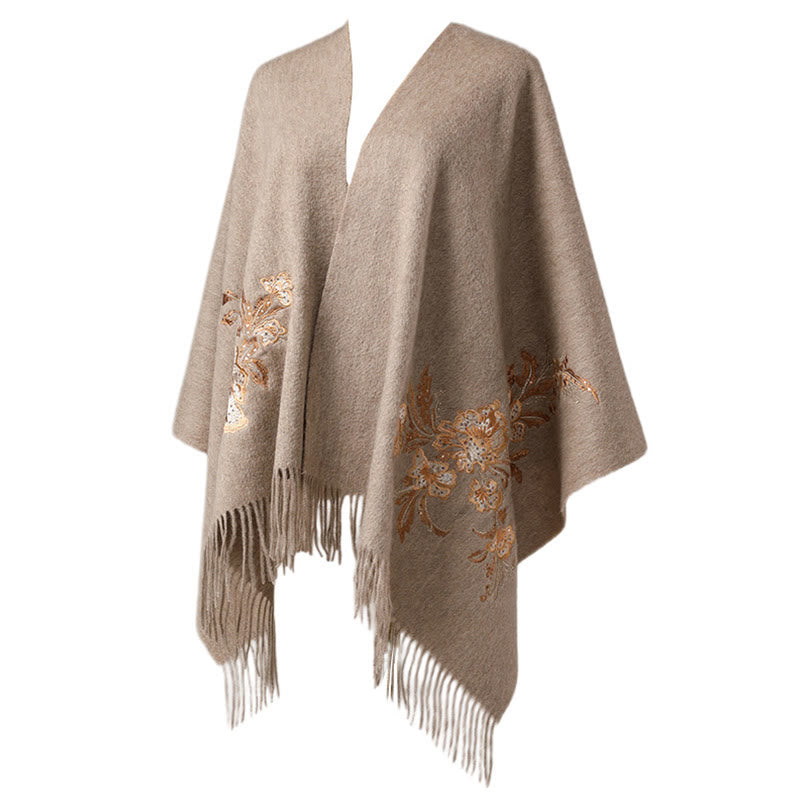 Wool Shawl Red Flower Gold Sequins Embroidery Tassel Winter Cozy Travel Scarf Wrap