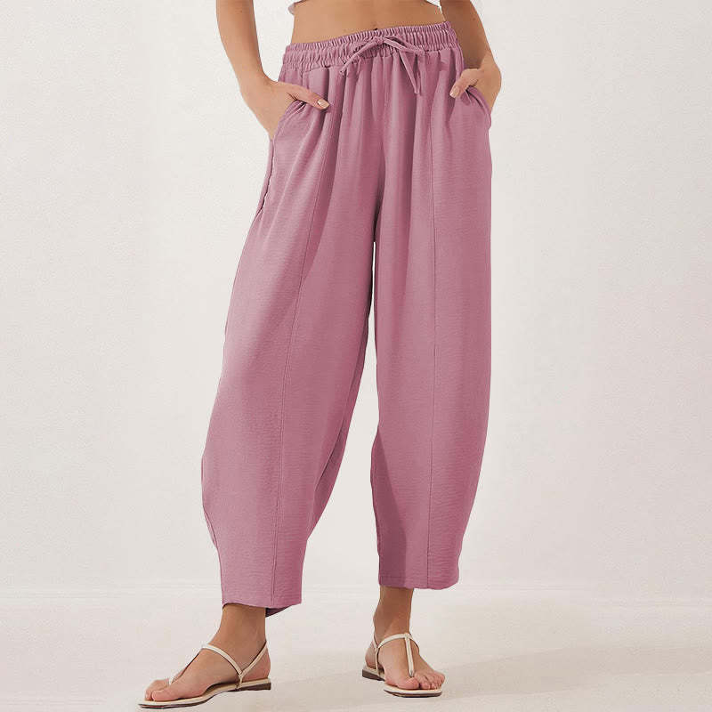 Casual Plain Loose Drawstring Women's Polyester 7/8 Length Pants  With Pockets