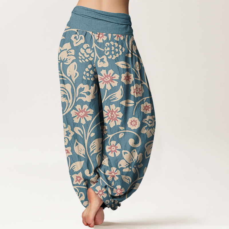 Casual Beige Pink Flowers Grapes Design Women's Elastic Waist Harem Pants