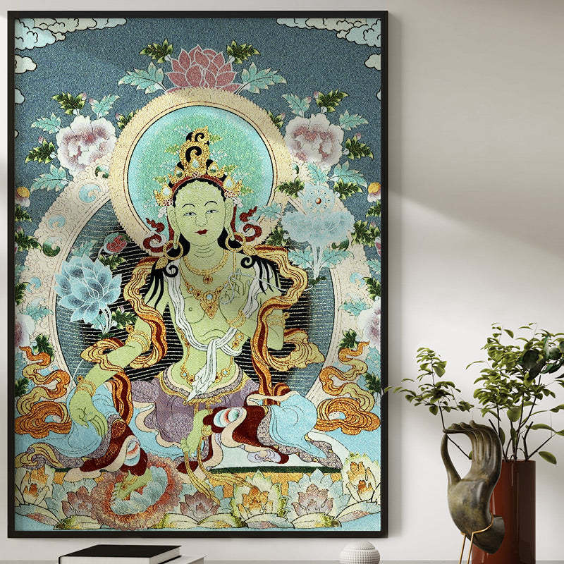 Tibetan Embroidery White Tara Thangka Tapestry Wall Hanging Wall Art Meditation for Home Decor