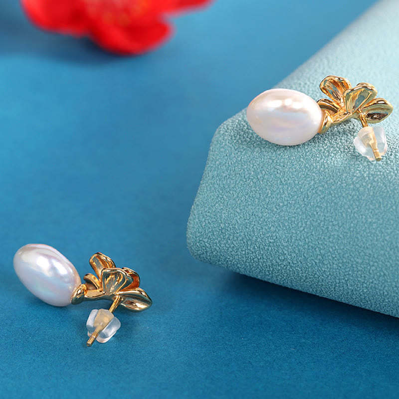 925 Sterling Silver Natural Baroque Pearl Flower Healing Drop Earrings