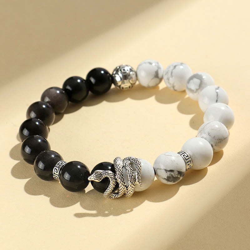 Natural Silver Sheen Obsidian White Turquoise Grey Jasper Snowflake Obsidian Year Of The Snake Protection Bracelet