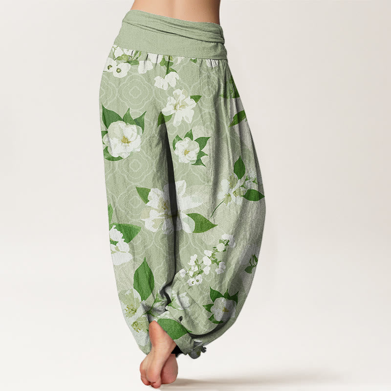Casual White Magnolia Flowers Leaves Women's Elastic Waist Harem Pants