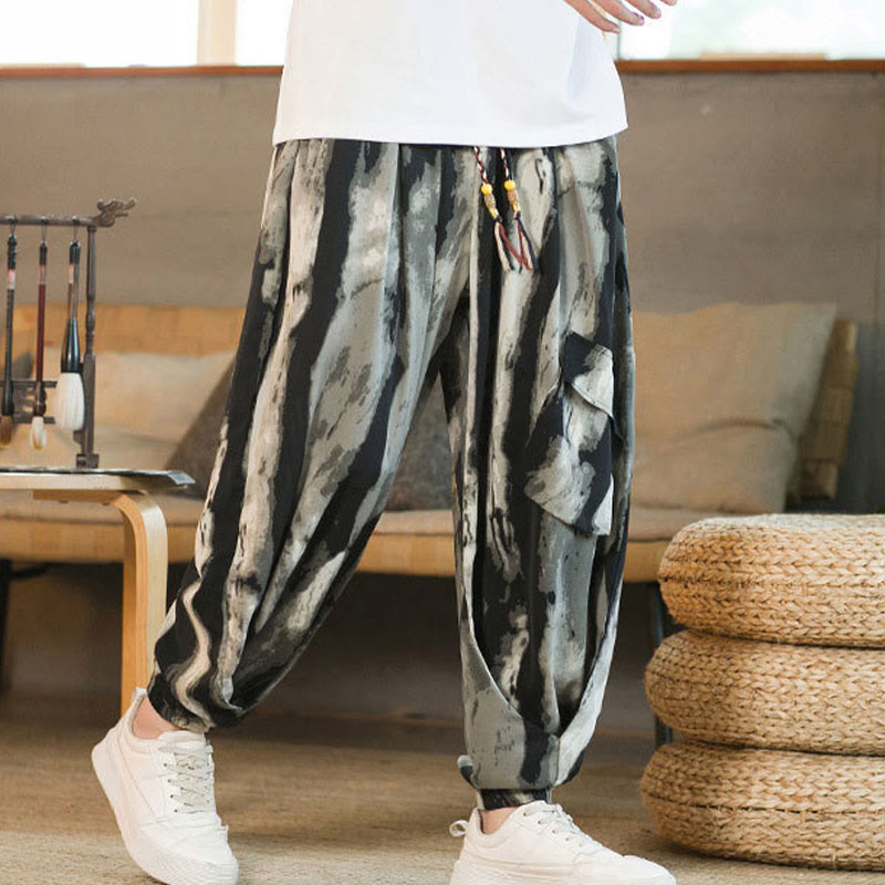Ice Silk Drop Ink Tie-dye Gradient Stripes Casual Cotton Men's Pants With Pockets