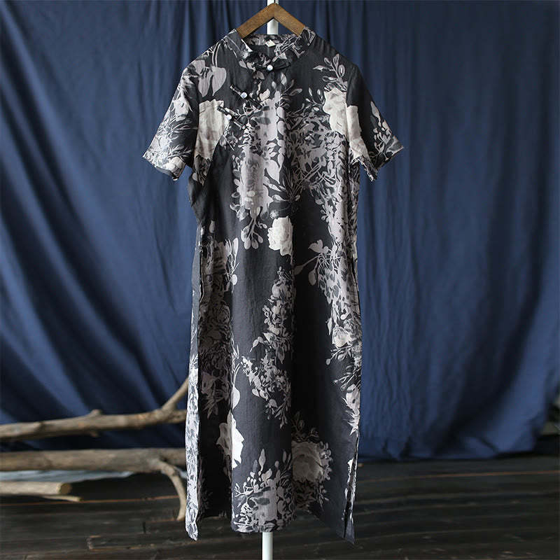Ramie Linen Blue Flowers Leaves Cheongsam Dresses Short Sleeve Dress