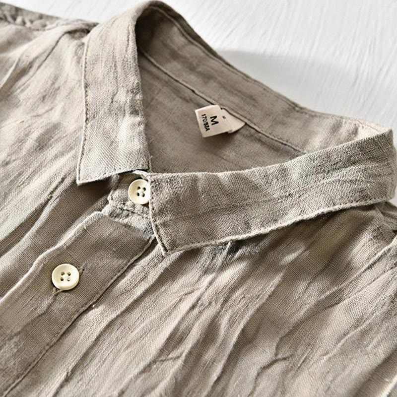 Simple Design Short Sleeve Lapel Linen Half Button Men's Shirt