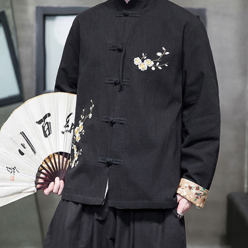 Plum Blossom Embroidery Cuff Flower Design Frog-button Tang Suit Cotton Linen Men's Jacket Shirt