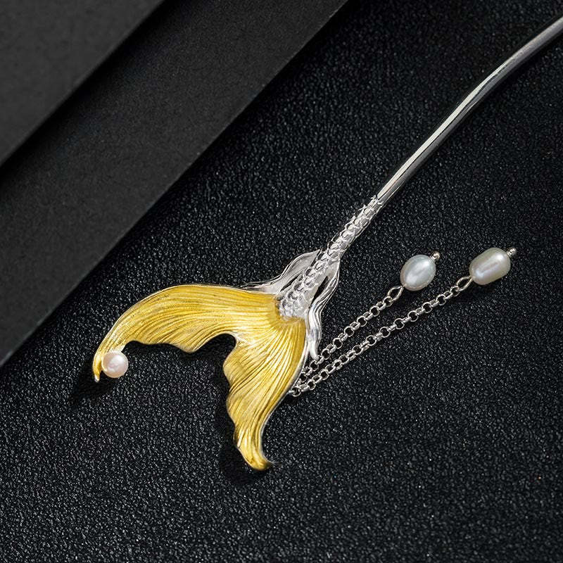 925 Sterling Silver Classical Chinese Style Fish Tail Pearl Tassel Calm Hairpin