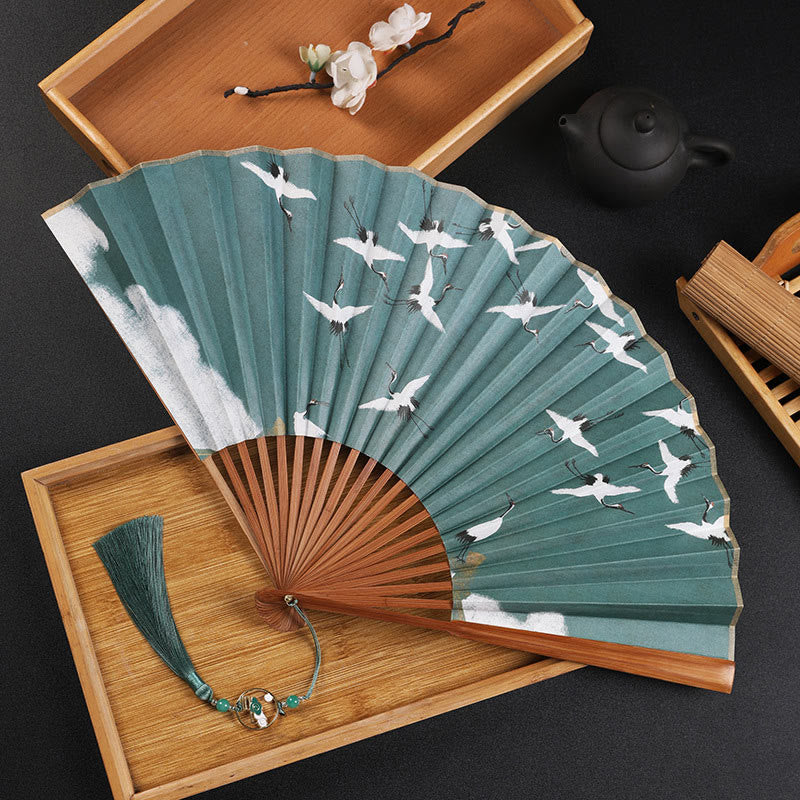 Cranes Auspicious Clouds Solid Color Gradient Handheld Cotton Linen Fabric Bamboo Folding Fan