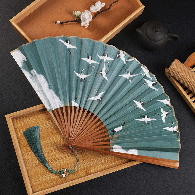 Cranes Auspicious Clouds Solid Color Gradient Handheld Cotton Linen Fabric Bamboo Folding Fan
