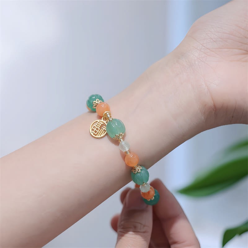 Natural Golden Silk Jade Pumpkin Bead Fu Character Charm Wealth Bracelet