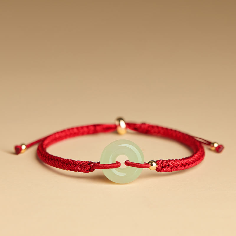 Natural Hetian Jade Peace Buckle Fu Character Protection Luck Braided Bracelet